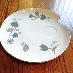 Yakama snack plates (3),  MCM-style teal and grey floral/leaf pattern with silver or platinum trim.  –3-
