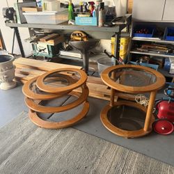 Mid Century Modern Three Tier Oak and Smoked Glass Swivel Coffee Table And Matching End Table 