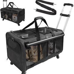 Double Compartment Pet Carrier W/ Removable Wheels for 2 Pets up to 35 Pounds