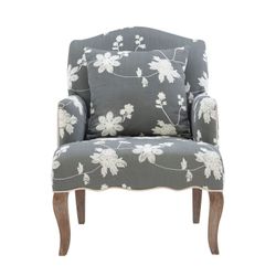 Traditional Arm Chair Gray with Cream Embroidered All-over Floral Design