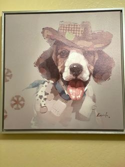 Cowboy Dog Wall Painting Oil On Canvas 18”x18” Aluminum Frame