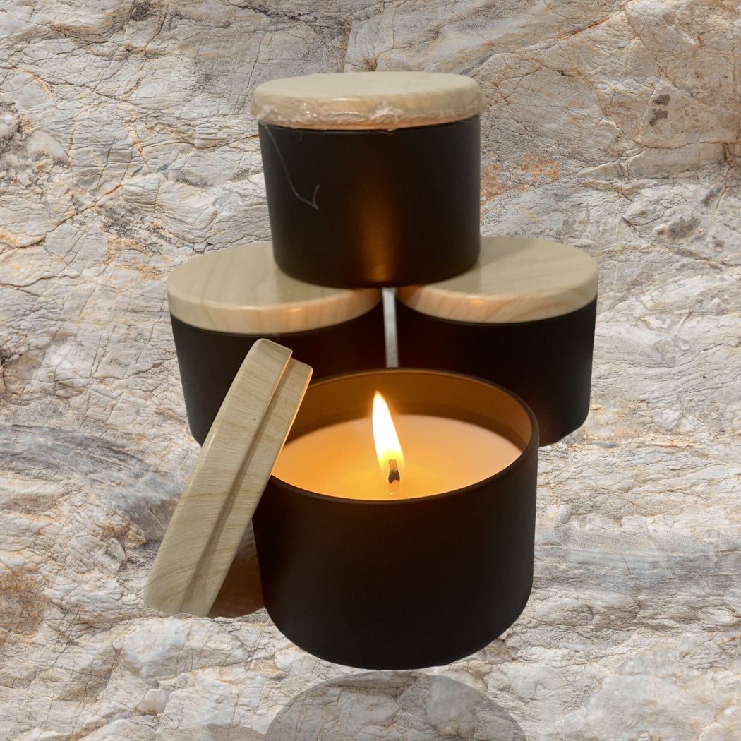Candles Black Tin Soy Wax 4oz Scented Sandalwood & Bourbon
