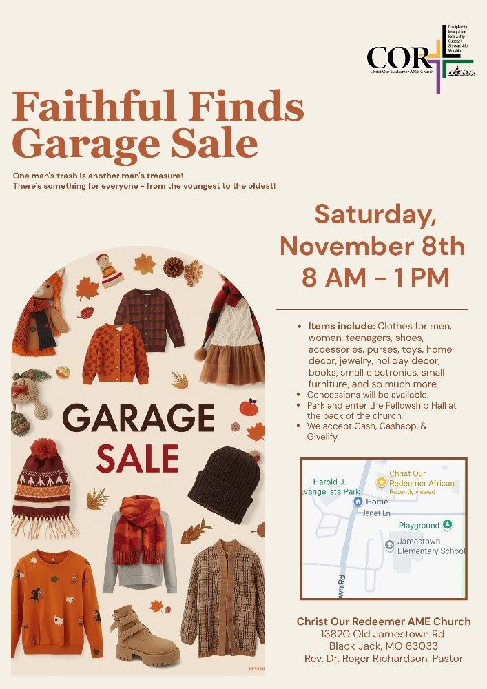 11/8: HUGE INDOOR CHURCH GARAGE SALE. 8-1pm