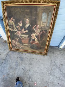 HUGE Vintage Renaissance-Style Oil Painting – Nearly 5ft – Ornate Gold Frame – Statement Piece