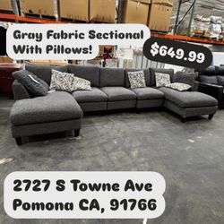 Lowry Gray Fabric Sectional With Pillows 