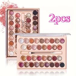 Pearly Glitter Matte 34-Color Eyeshadow Palette ANNA ROSE 1pc/2pcs - with Brush Glitter Earth Tones, Rich Brown Coral Golden Red Silvery, Pearly Shimm