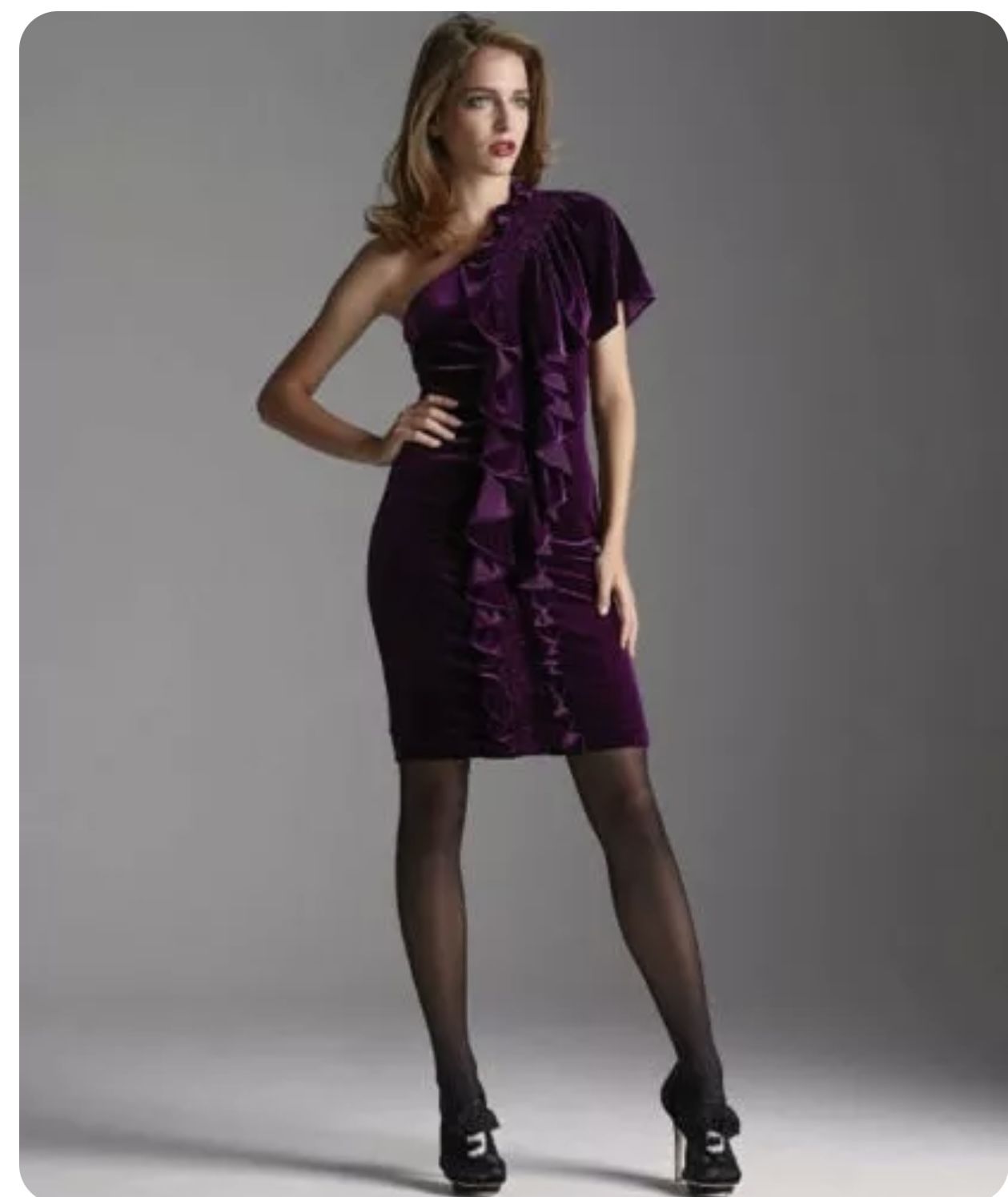 Badgley Mischka Velvet One Shoulder Ruffle Dress 4