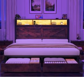 Farmhouse bed frame (full size brown) led charging station and drawer set up