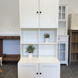 67” Tall & Wide Freestanding Storage Cabinet, White Wooden Organizer with 4 Doors & Adjustable Shelves, Perfect for Kitchen, Bathroom, Bedr