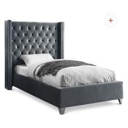 Velvet Gray Twin Tufted Bed With Mattress 
