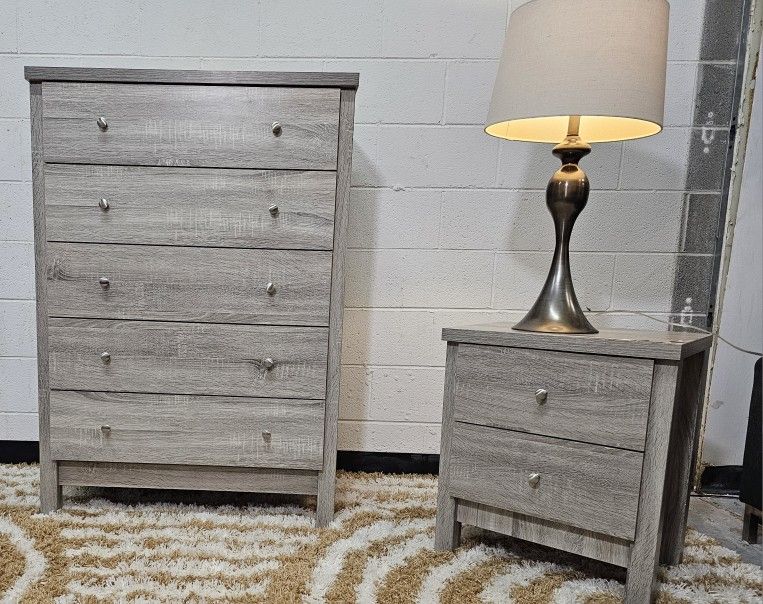 Modern Grey Wood Grain Dresser & Nightstand Set – 5-Drawer + 2-Drawer