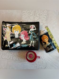 Vtg 1965 Barbie & Midge Black Vinyl Lunchbox & Thermos Set - Mattel / Thermos