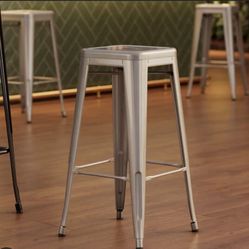 Set of Industrial Silver Metal Bar Stools – Stackable (10 Available)