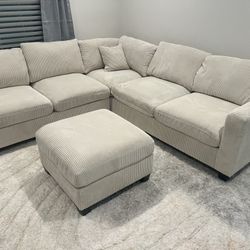 New Corduroy Fabric Sectional.  Off White / Beige.  99” X 99”.  Free Delivery!