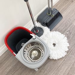 $35 New (Combo Set) Broom Dustpan & Spin Mop Wheels Extended Handle with 2pc Microfiber Mop Heads 