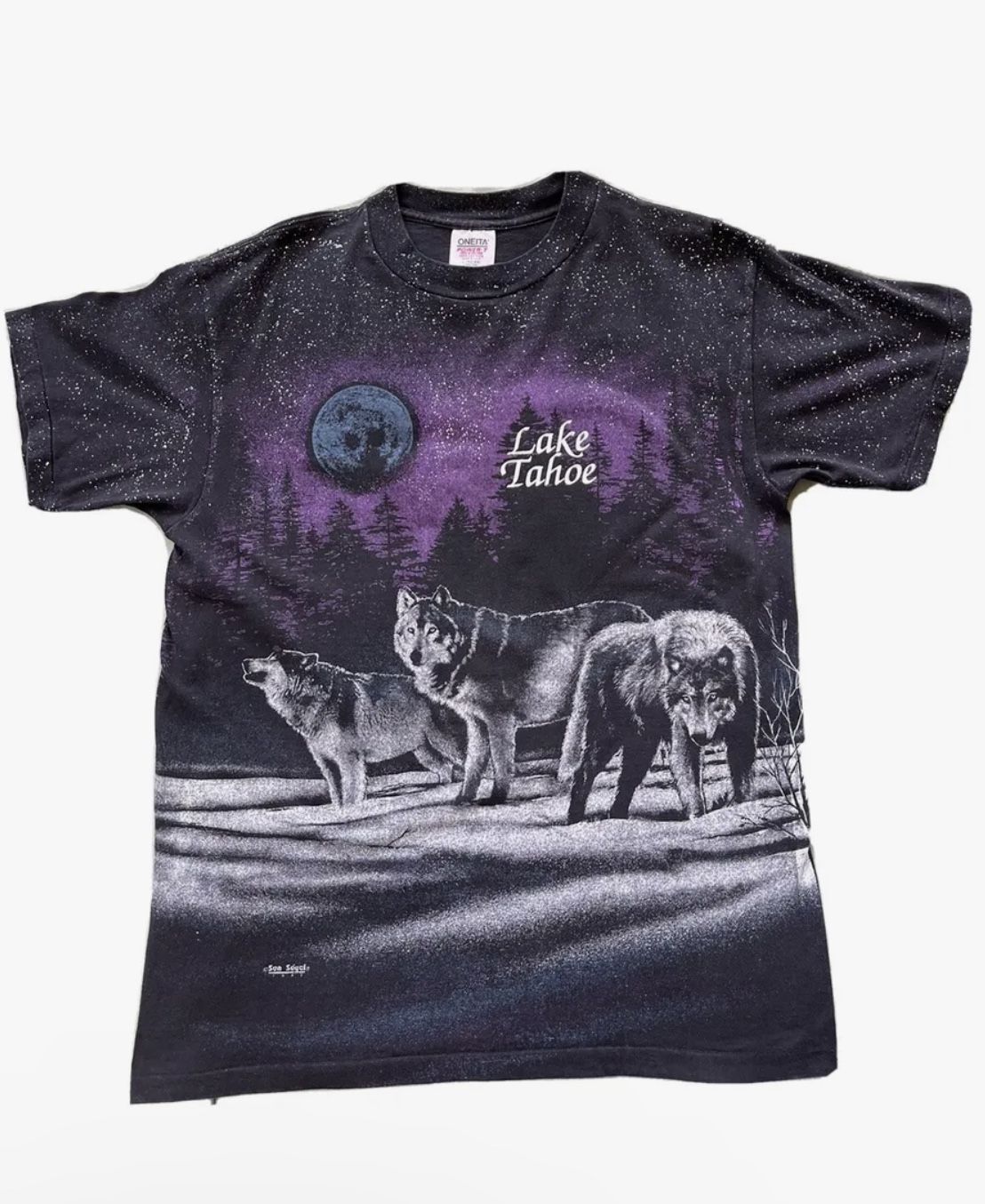 Vintage Wolf T Shirt San Segal Men's Large Wolves All Over Print Lake Tahoe California 