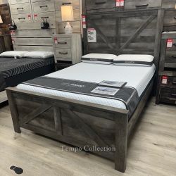 BED FRAME - QUEEN SIZE, CROSSBUCK, GREY PANEL - [NEW]