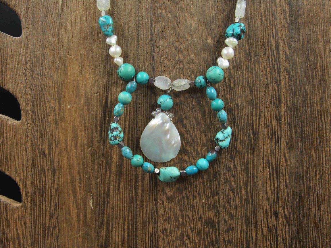 18" Sterling Silver Turquoise Pearl Moonstone And Shell Necklace Vintage

