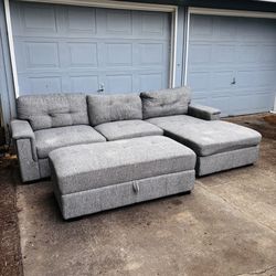 Modern Gray Storage Sectional with Chaise + Ottoman – Delivery Available