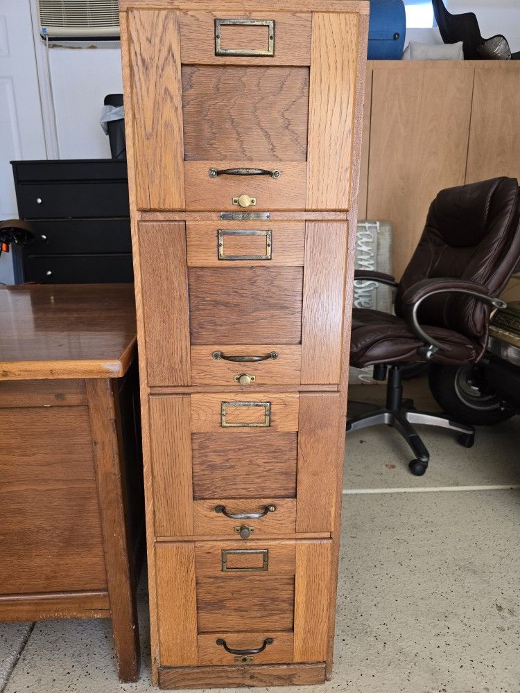 ANTIQUE DESK, OAK FILE CABINET ALSO EXECUTIVE CHAIR, CURIO CABINET, CLOCK,BOOK CASE