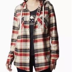 NEW women’s COLUMBIA plaid hoodie long sleeve drawcord shirt 