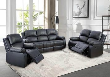 Black leather fully reclining three piece couch set