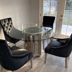 Modern 5 Pc Dining Set Glass Top With Velvet Chairs