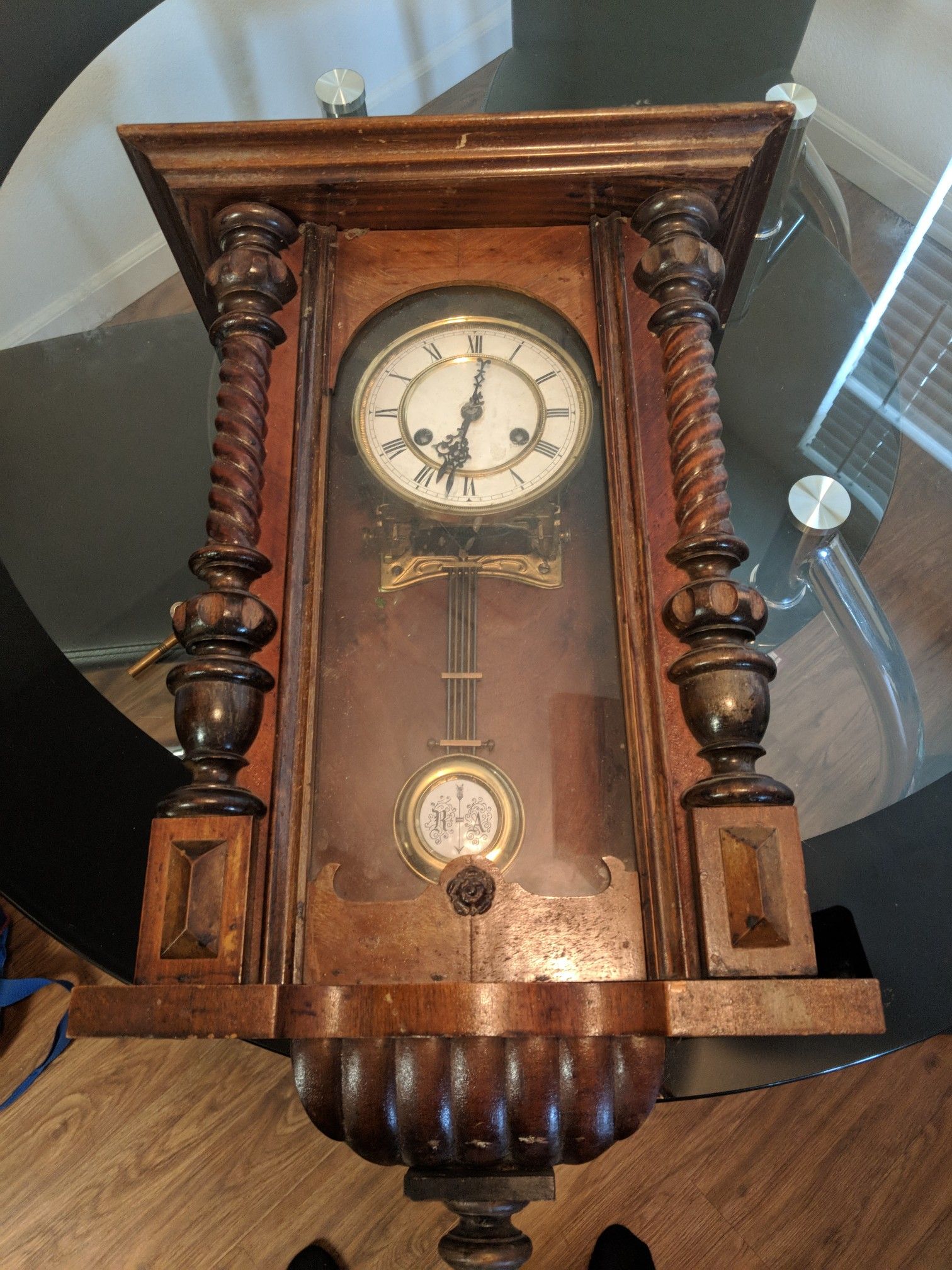 Antique German Pfeilkreuz (Arrow Cross) Wall Clock with R=A Pendulum