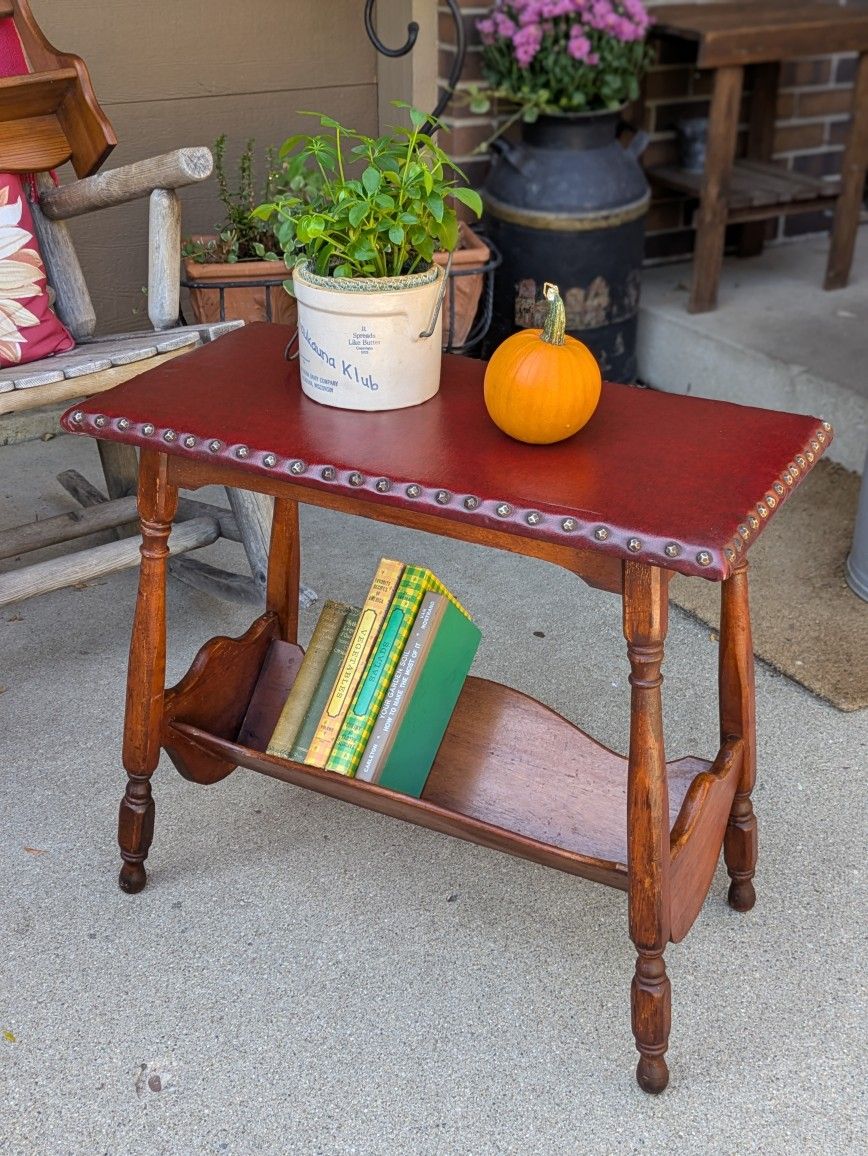 Vintage Stuffed Faux Leather Book Shelf Accent Table -Solid Wood