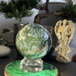 Moss Agate Crystal Sphere w/ Diamond Stand $35