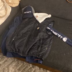 Carhartt Rain Defender , Ball Cap , Beanie And Lomg Sleeve Navy Shirt 
