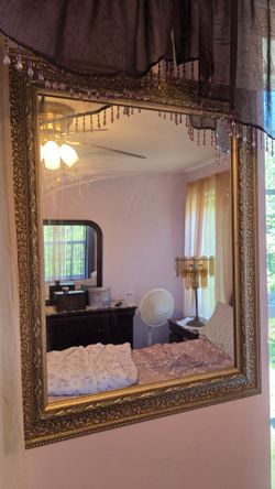 Large Ornate Gold Wall Mirror — Baroque Scrollwork Frame, Beaded Detail