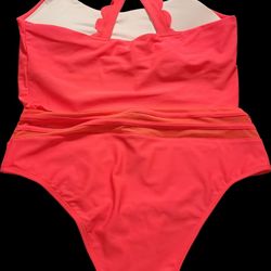 Scalloped Sleeveless High Waisted Two Piece Swimsuit M Pink