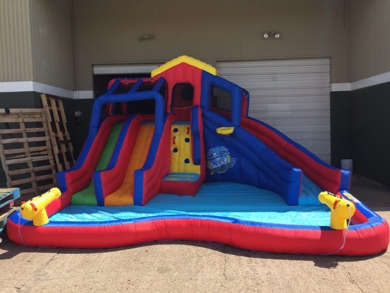 Banzai Hydro Blast Water Park (Dual-Lane Inflatable Water Slides, Splash Lagoon, Basketball Hoop and Cannons)