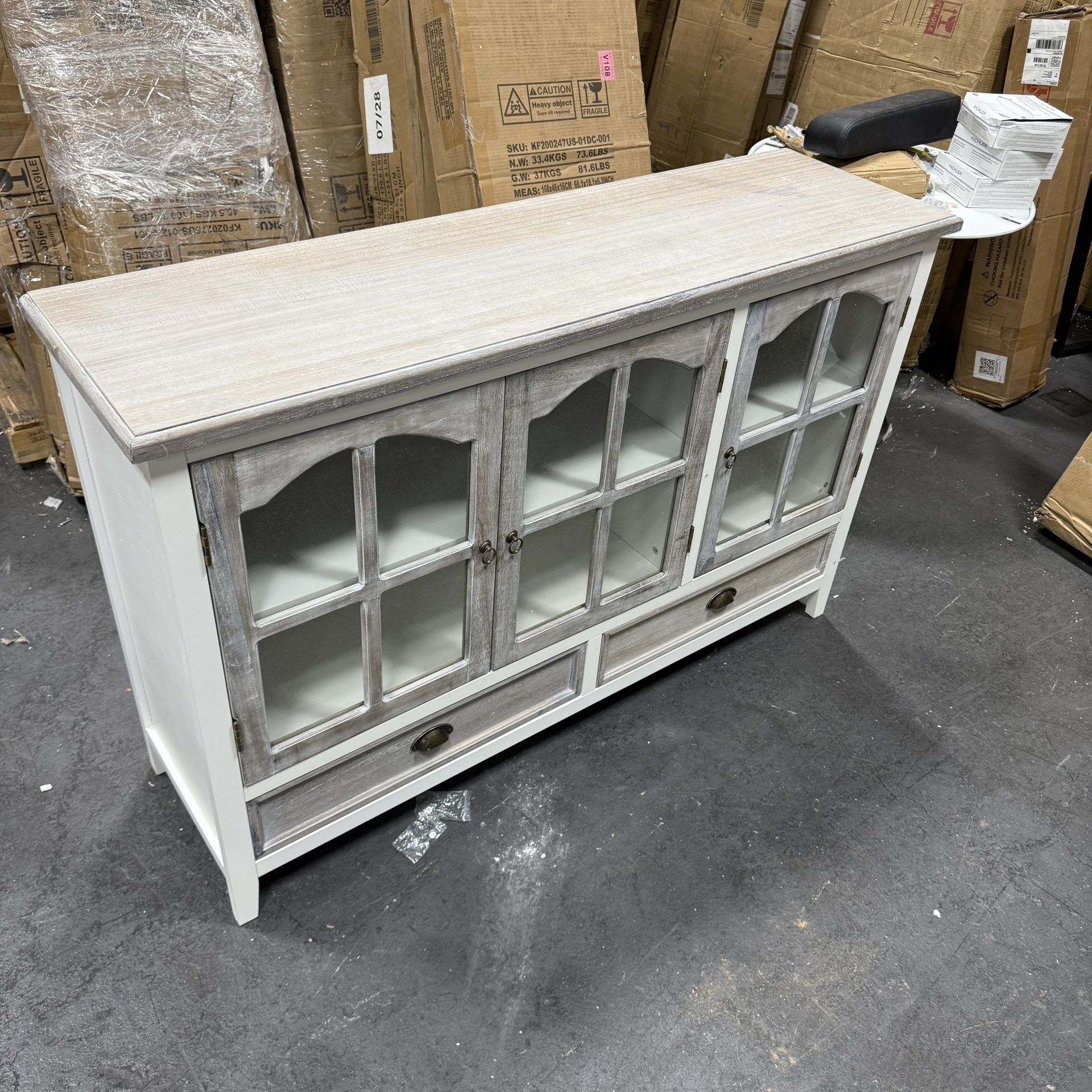 (Original price $305)  Homsee White and Wood Grain Sideboard with Four Shelves Three Glass Doors and Two Drawers, 390067-01