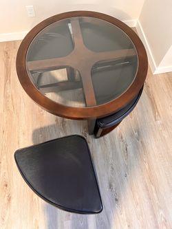 One Of A Kind Glass Coffee Table/Hidden Multi Purpose Tea/Coffee Stools/Partial Leather Wooding Chair 