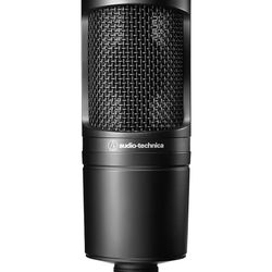 A Pair Of Audio Technica Microphones With Stands