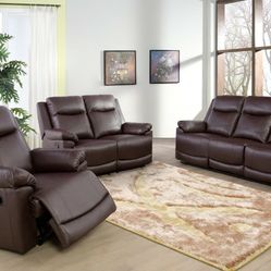 Brand New Brown Leather Reclining Sofa Loveseat & Chair 