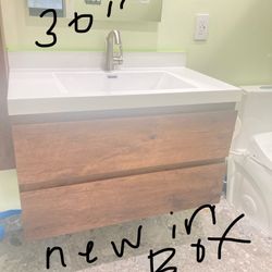 READ B4 Messaging Bathroom Floating wood vanity white sink 30” wall mounted Cabinet Drawers TWO new in box  Bath Baño Small Marble Sinister is I
