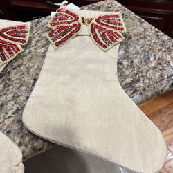 Set Of 2 New Gorgeous Gold Linen Embellished 18” Stockings