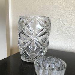 Vintage Heavy Lead Crystal Beveled Diamond and Star Vase & Frog