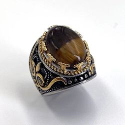 Men's Retro Oval Tiger's Eye King Crown Two-Tone Turkish Ring - Size 10