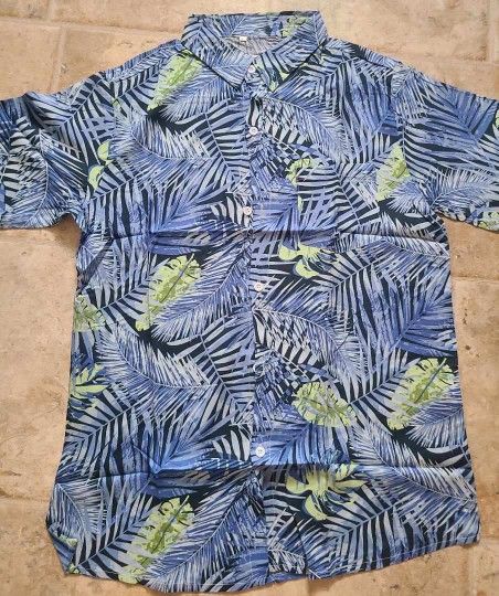 Men Summer Blue Floral Button Up Shirt Top size M-L