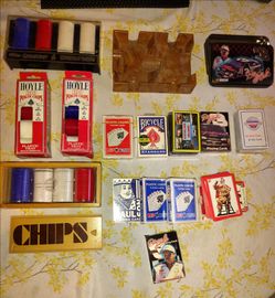 Lot of diverse assortment of card games and poker accessories and chips