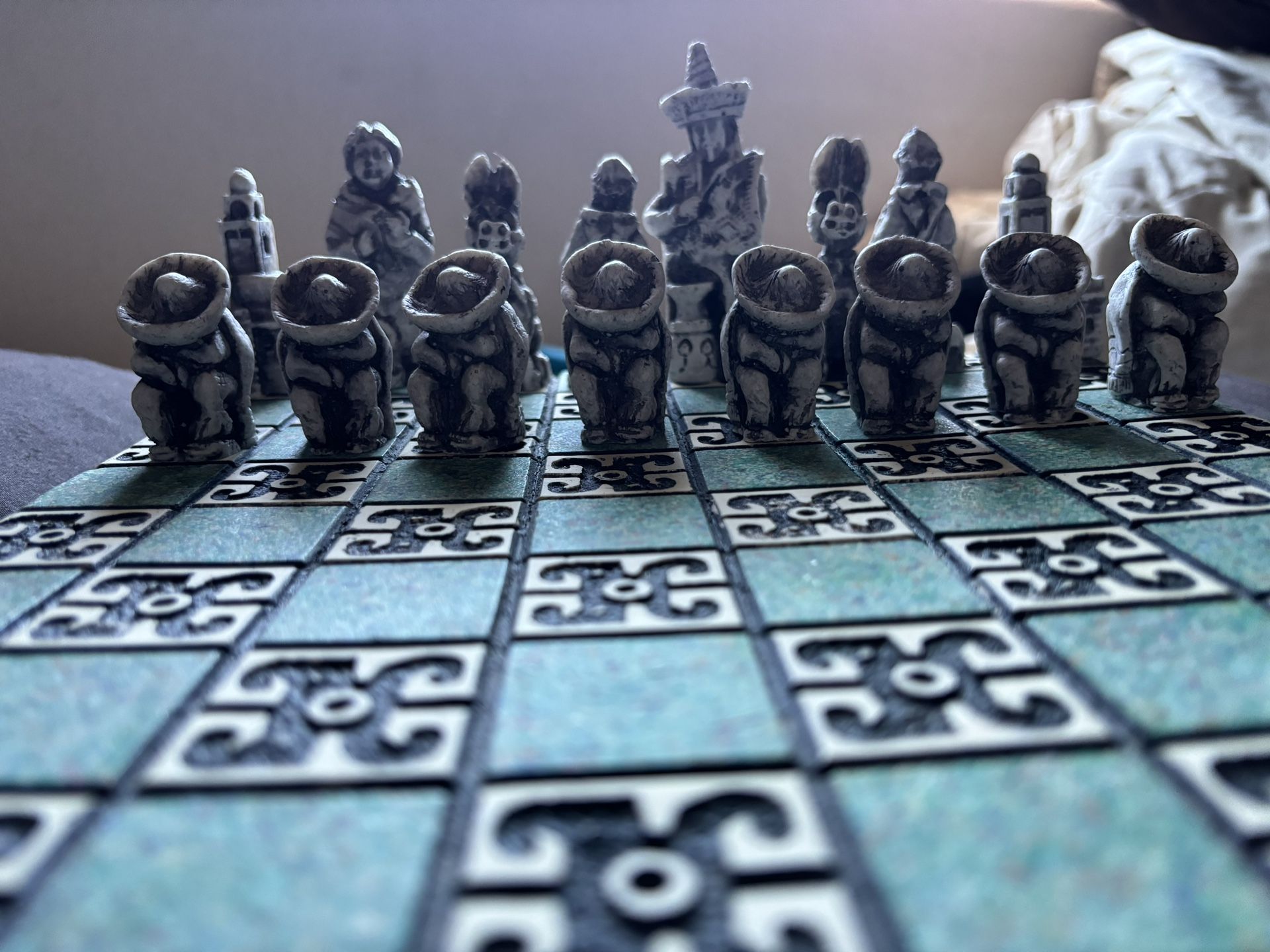 antique carved mayan chess set