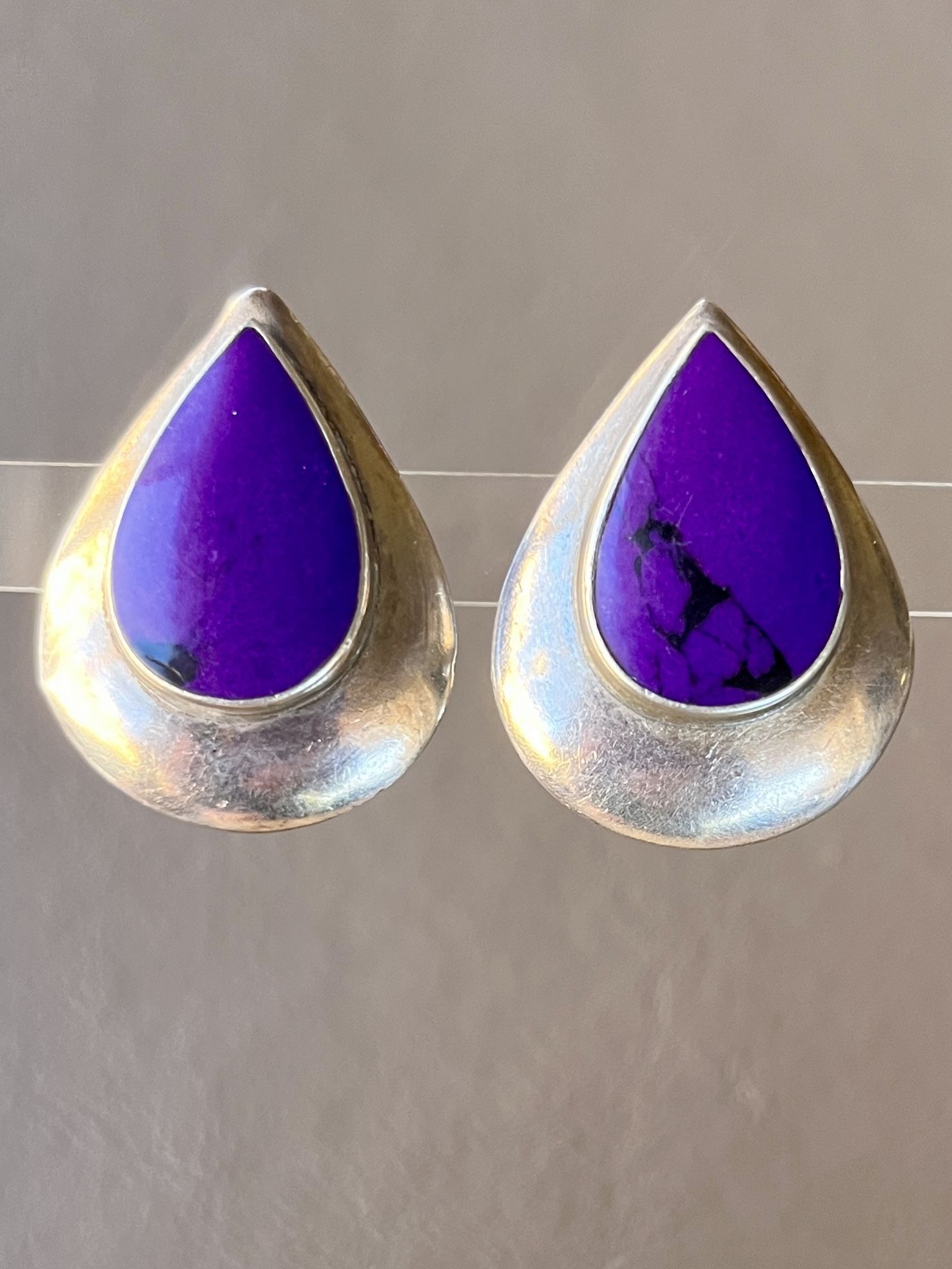 Vintage Sterling Silver 925 Purple Stone Southwest Clip On Earrings Signed 1”