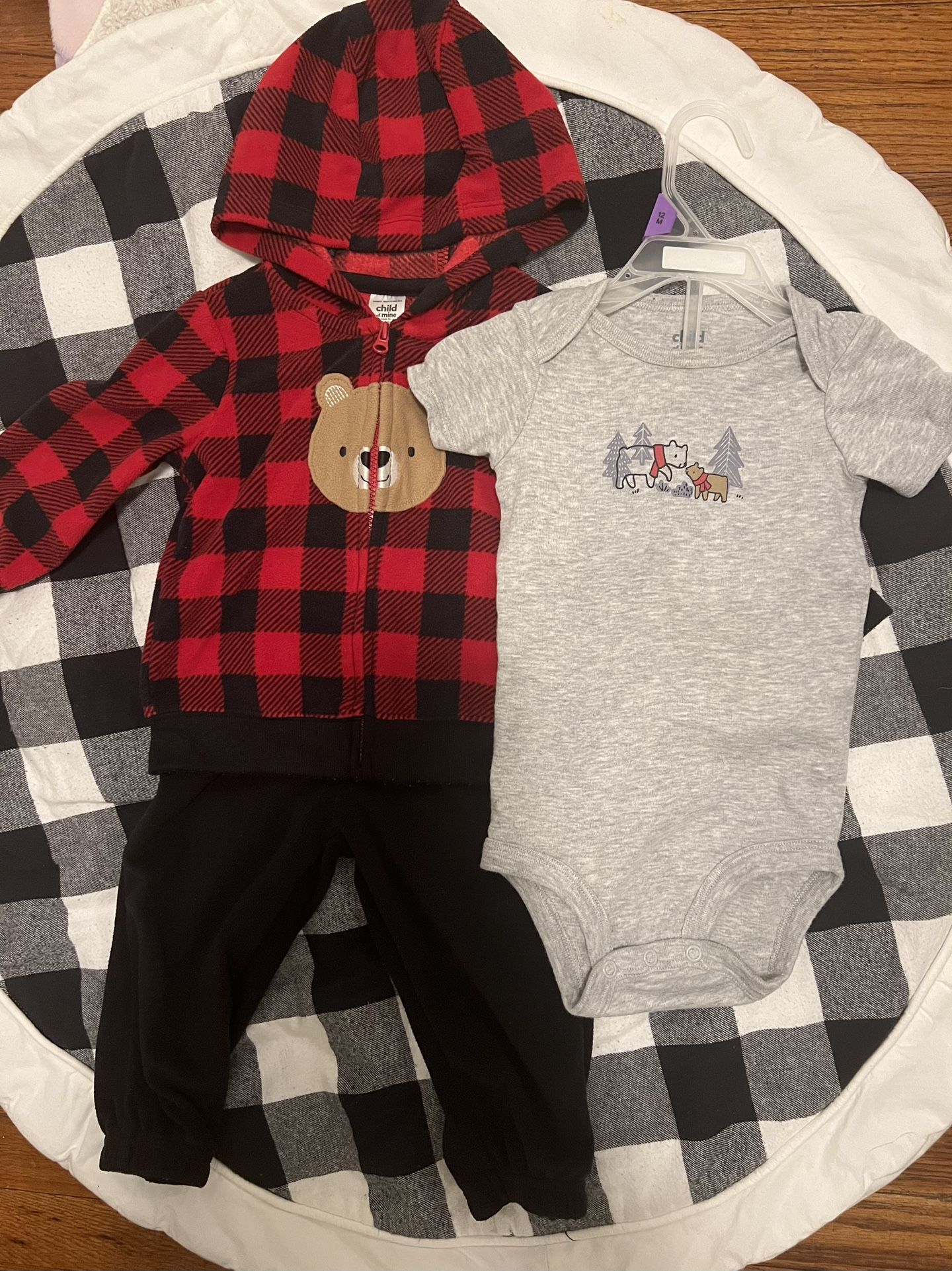 3 pc Buffalo Plaid Bear Baby Boys Fleece Sweatsuit Outfit & Onesie 12m