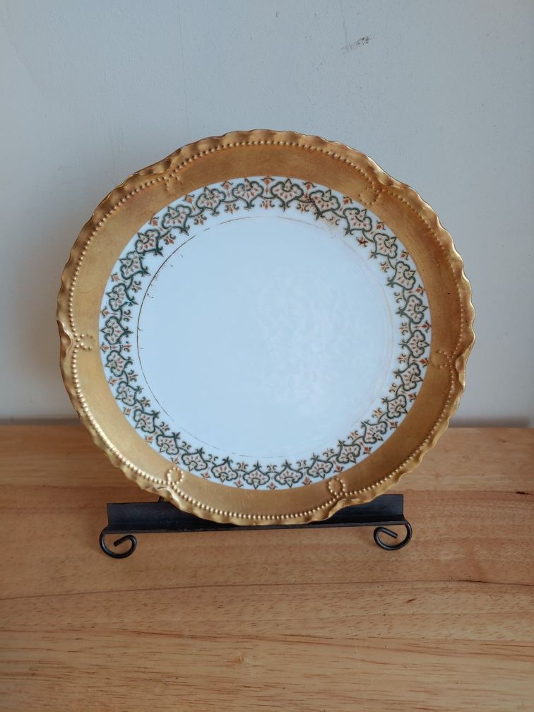 Limoges France Plate Coronet China White Gold Scroll Ribbon Dining