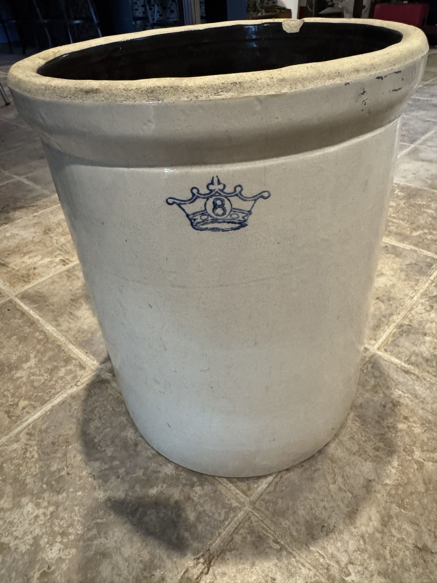 8 Gallon Crock. Has A Chip On Top Lip. Must Pickup