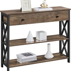 Console Table with Drawer and 2 Open Storage Shelves, Sofa Table for Living Room, 3-Tier Narrow Entryway Table, X-Shaped Design, Taupe Wood
